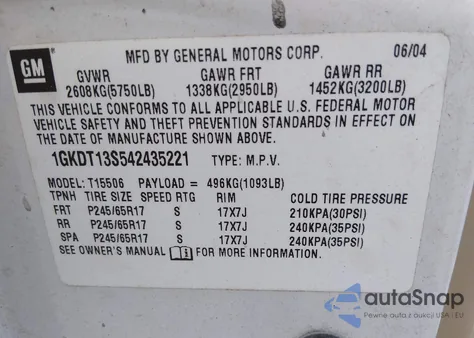 2004 GMC Envoy Sle z USA, uszkodzony, nr VIN 1GKDT13S542435221